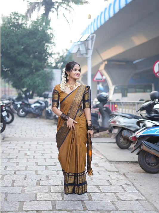 Mustard Black Korvai Saree